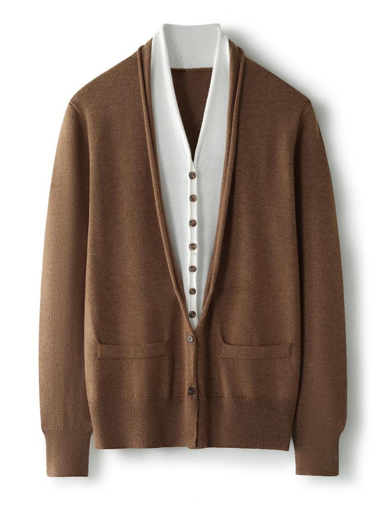 Women's V-Neck Wool Cardigan - Autumn/Winter, Two-Piece, Long Sleeve Knit Sweater