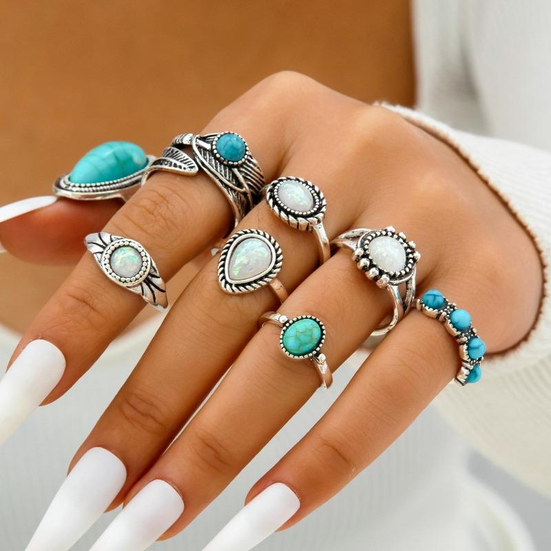 European and American Ethnic Style Carved Feather turquoise Ring Retro Personality Ring Set Combination Ring Set