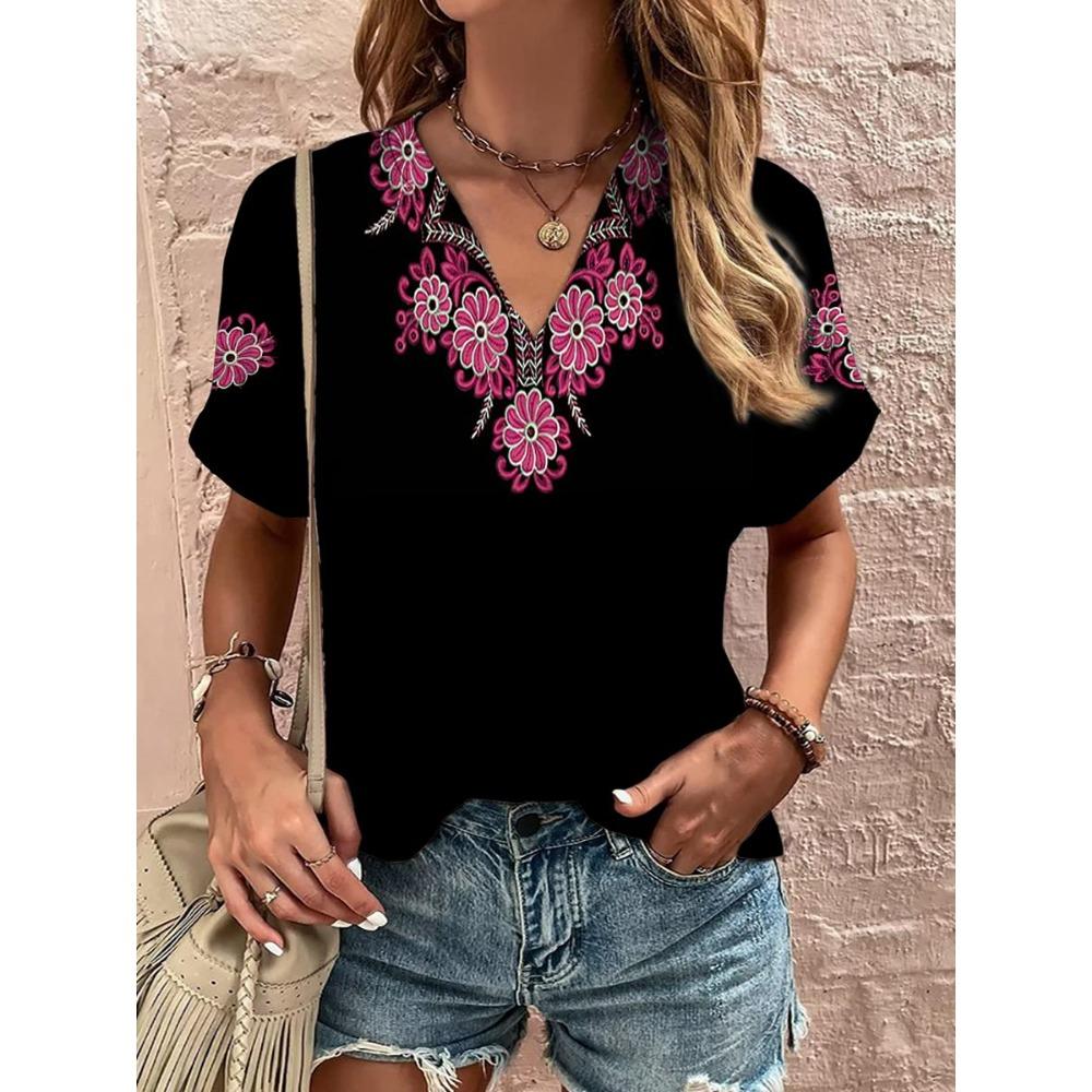 

Винтажная женская футболка Этнический принт Харадзюку Летняя Повседневная Уличная V-образный вырез Короткий рукав 5XL