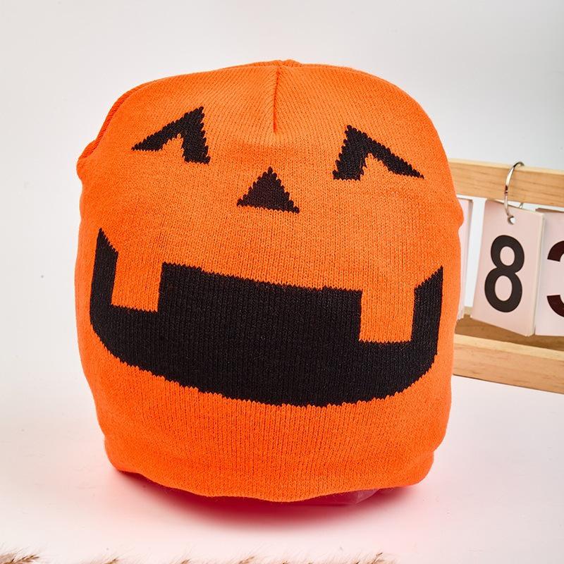 Devil Smiley Face Halloween Knit Hat with Ear Protection and Pumpkin Embroidery