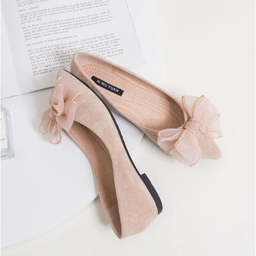 Fashion Flat Shoes for Women Spring New Shallow Bow Single Shoe Pointed Suede Flats Shoe Soft Soled Oversized Women's Shoes Ladies Pumps