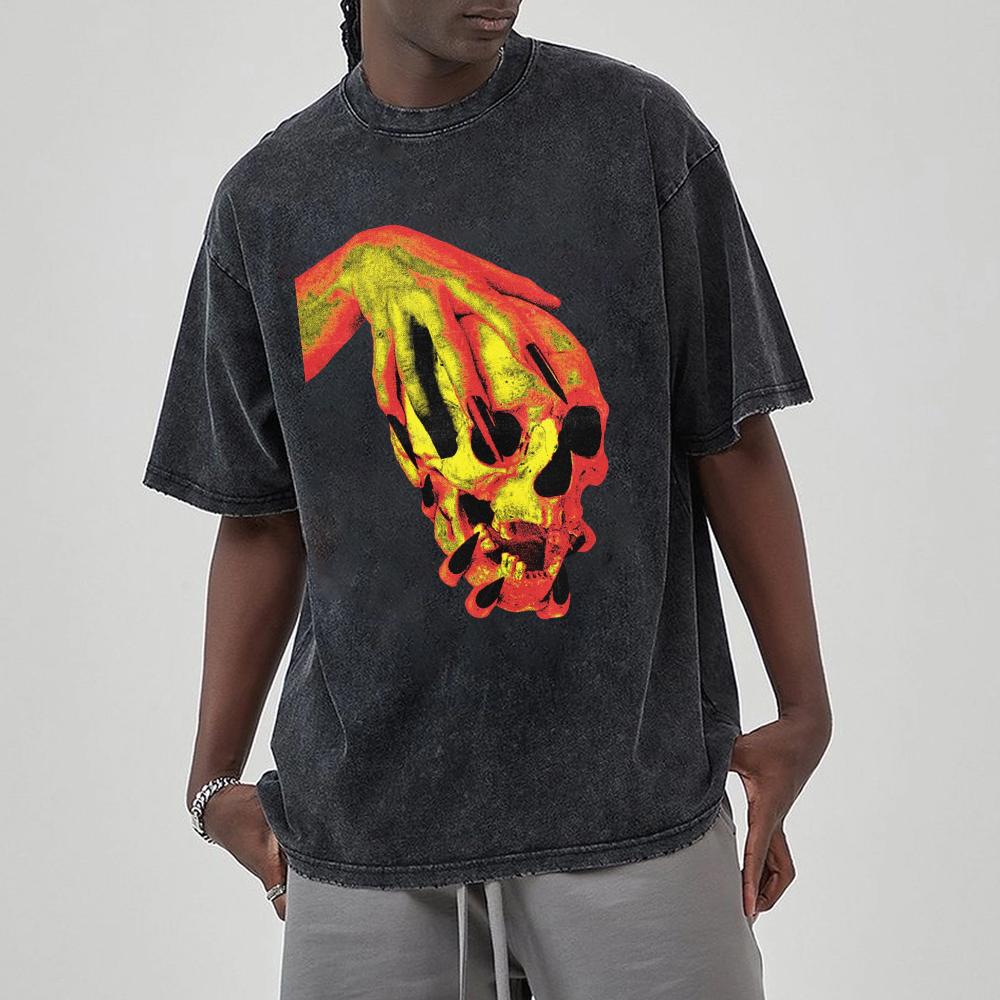 Street Style Skull Print Washed Denim Women's T-Shirt New Loose Crew Neck Short Sleeve Student Party Vintage Top