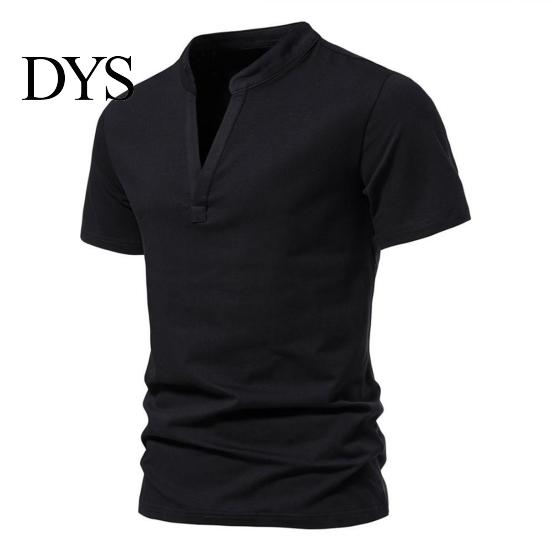Summer T-shirt Stand Collar Deep V-Neck Short Sleeve Men Solid Color Slim Fit Tee Top Streetwear