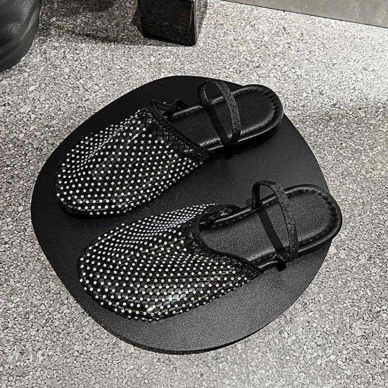 Large Size Flat Bottom Slippers for Women In Summer Fishing Net Socks Water Diamonds Two Pairs of Sandals for Women