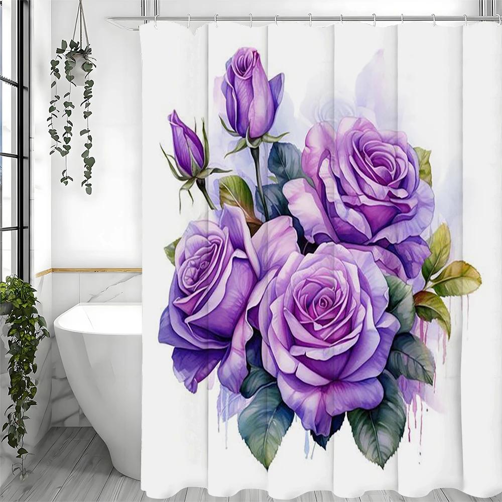 Fialový poupě růže sprchový závěs, Koupelnový dekorativní sprchový závěs, Vodotěsný sprchový závěs s háčky