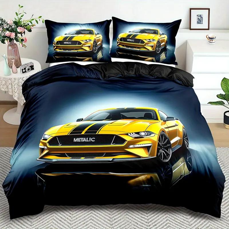 Racing Car Duvet Cover Set - 3D Cartoon Vehicle Print All-Season Bedding Set- 100% Polyester Breathable Fabric, Machine Washable