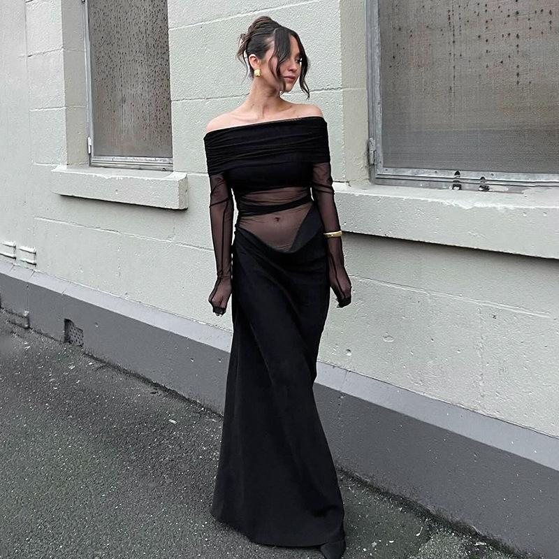 2025 Spring/Summer Women's One-Shoulder Mesh Patchwork Bodycon Dress