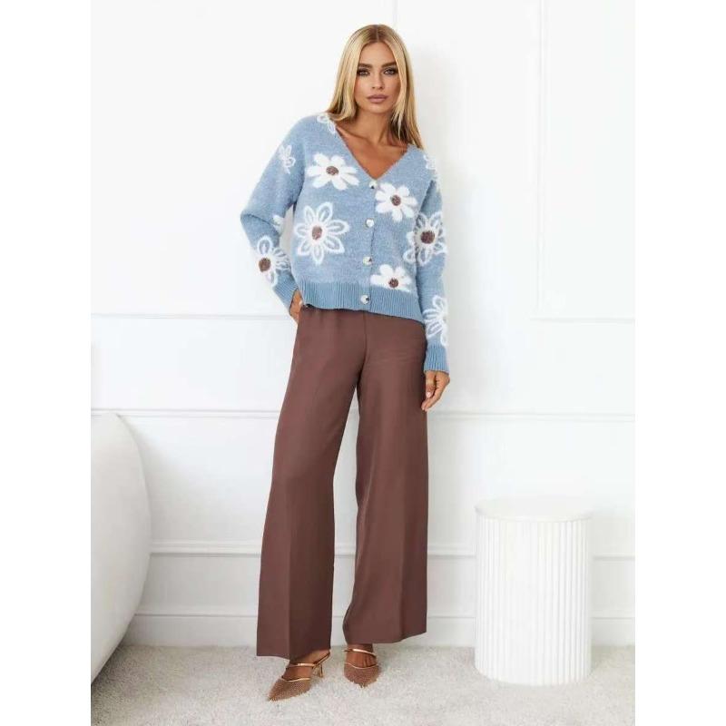 Damen Cropped Floral Jacquard V-Ausschnitt Dickstrick Cardigan Pullover Oberbekleidung