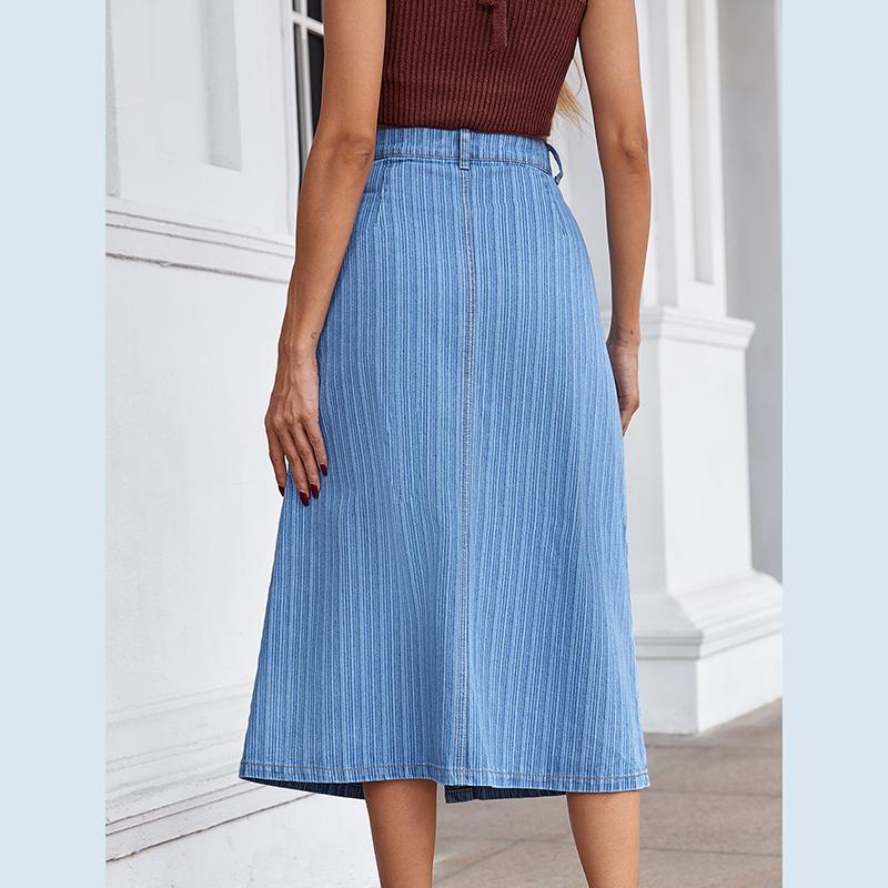 Women High Waist Single-Breasted A Line Jean Denim Skirt