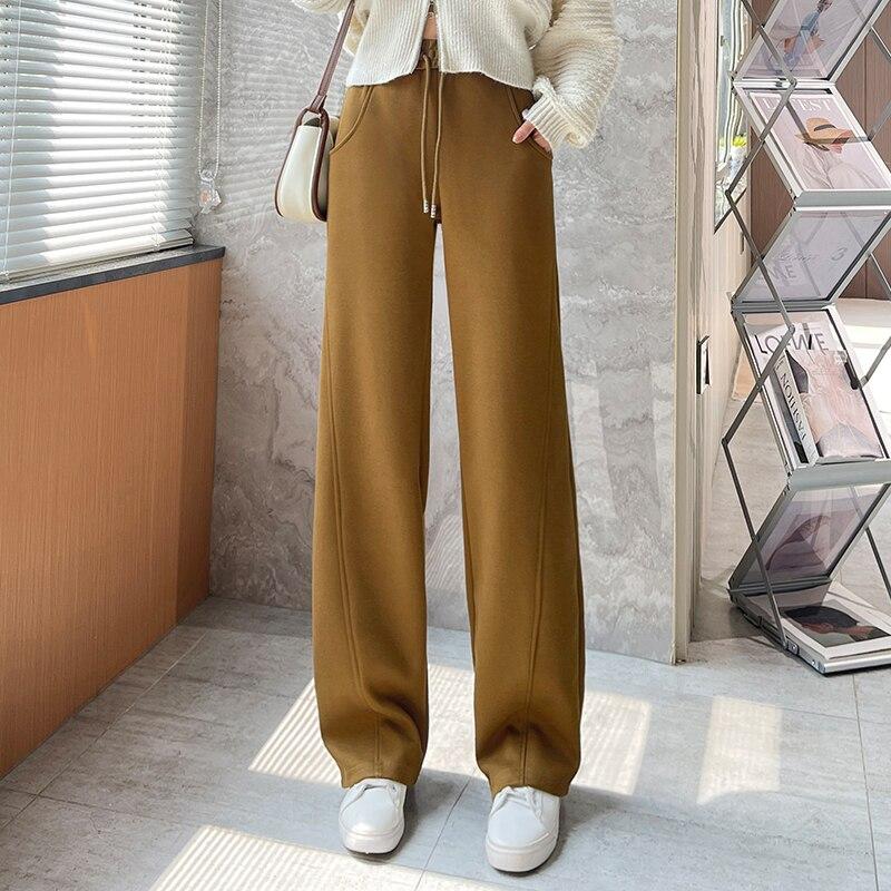 Winter New Thickening Velvet Wide Leg PantsCasual Warm Elegant Women Sweatpants Korean High Waist Loose Straight Pants Female