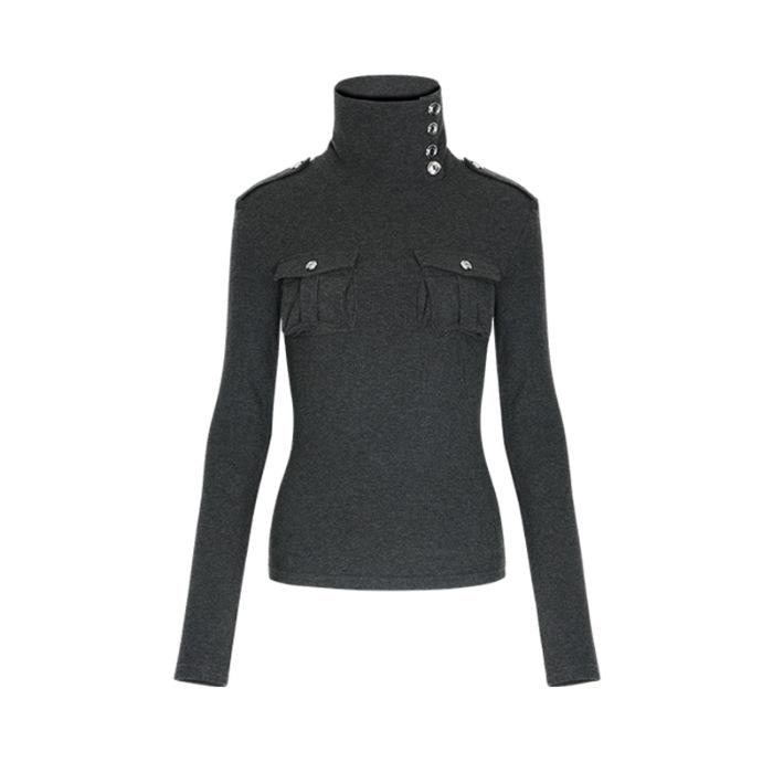 

Ретро топ з фланелі з погонами, високим коміром та базою з рельєфної в язки Medium темно-сірий