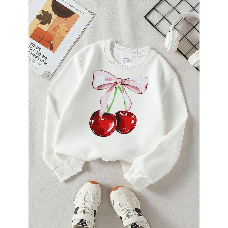 European sizes Fashionable Crewneck Sweatshirt for Girls with Cherry Bow Pink & Red, Western Long-Sleeved Casual Top for Young Girls