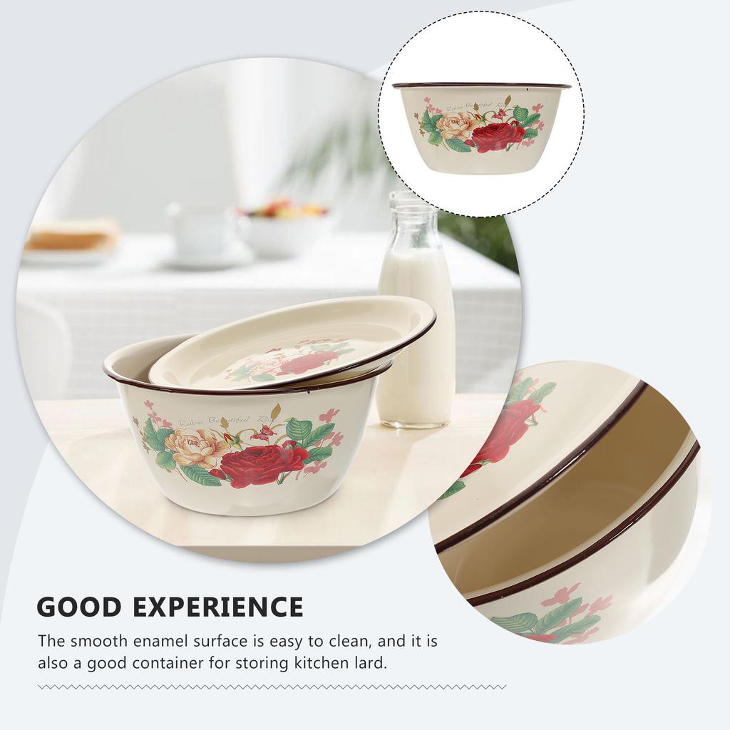1 Set 20cm 2L Vintage Enamel Basin with Plain Lid Old-Style Retro Enamelware,Kitchen Mixing/Serving/Oil Storage Bowl,Home