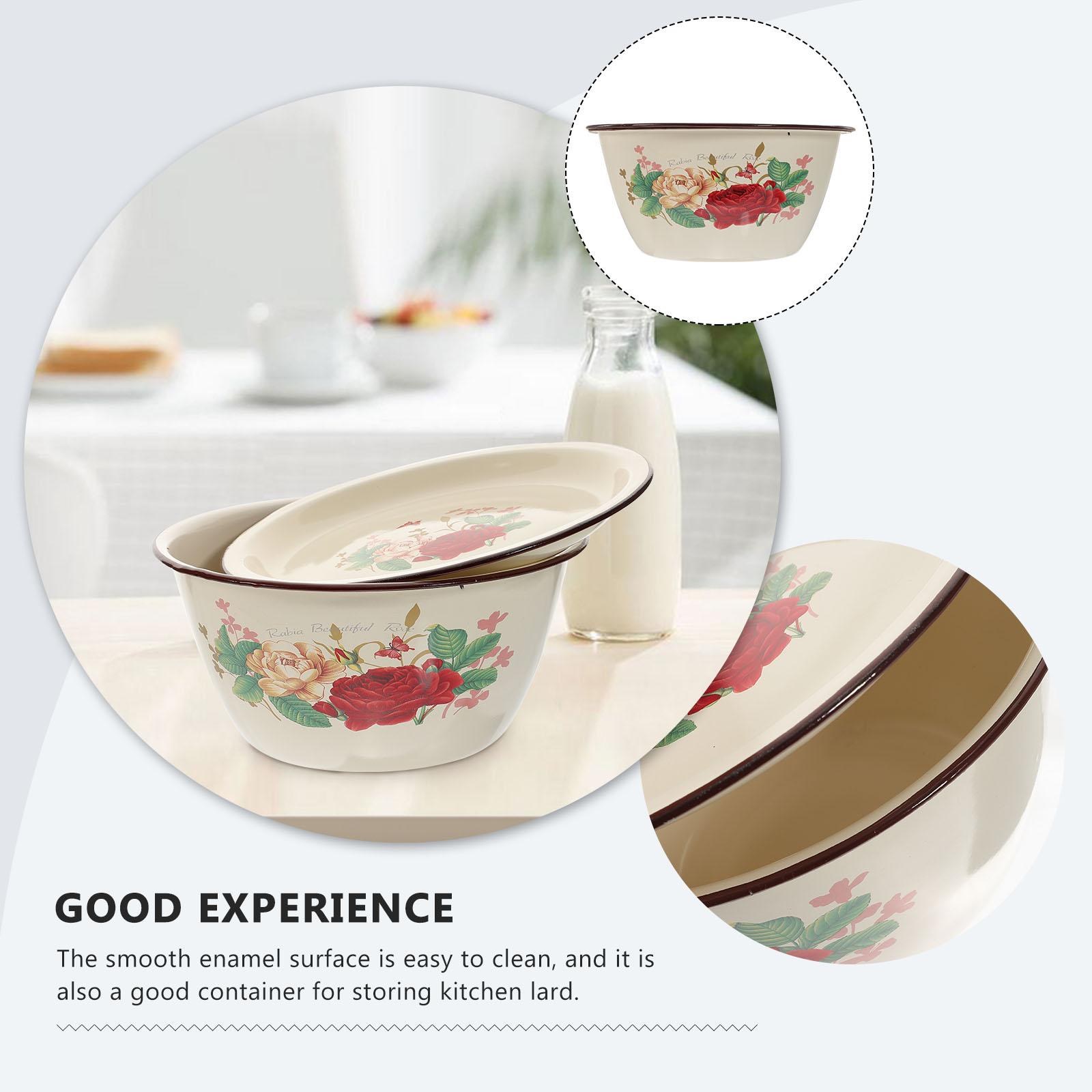 1 Set 20cm 2L Vintage Enamel Basin with Plain Lid Old-Style Retro Enamelware,Kitchen Mixing/Serving/Oil Storage Bowl,Home