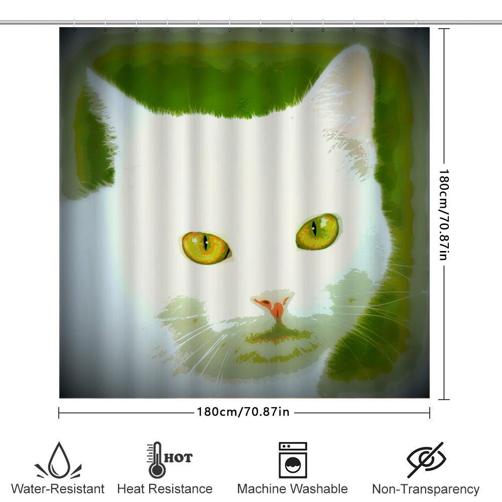 Whimsical Bathing Cat Shower Curtain Modern Green Floral Design For Bathroom Decoration Extra Large Printed Waterproof Polyester