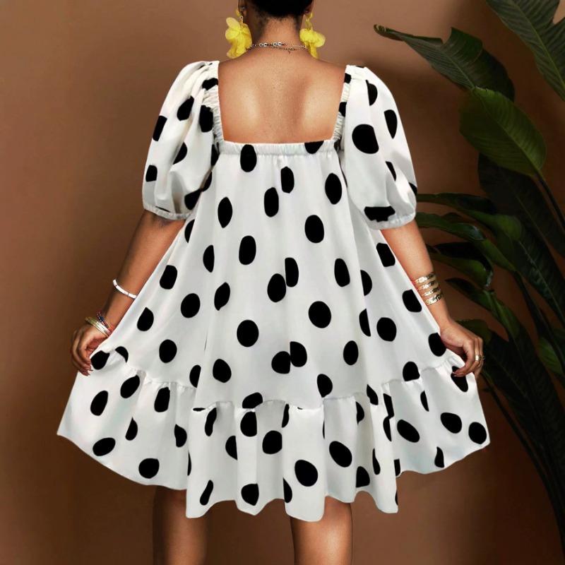 Rochie Casual Scurtă de Vară pentru Femei Mărimi Mari, Pătrată, cu Buline, Largă