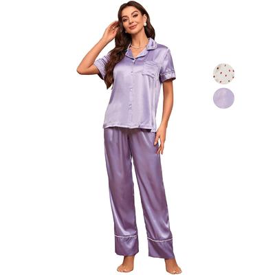 Satin-Pyjama für Damen, Seidenimitat, kurze Ärmel, Oberteil, lange Hose, zweiteilige Schlafanzüge, Sommer, lässige Heimkleidung, Nacht-Lounge-Wear
