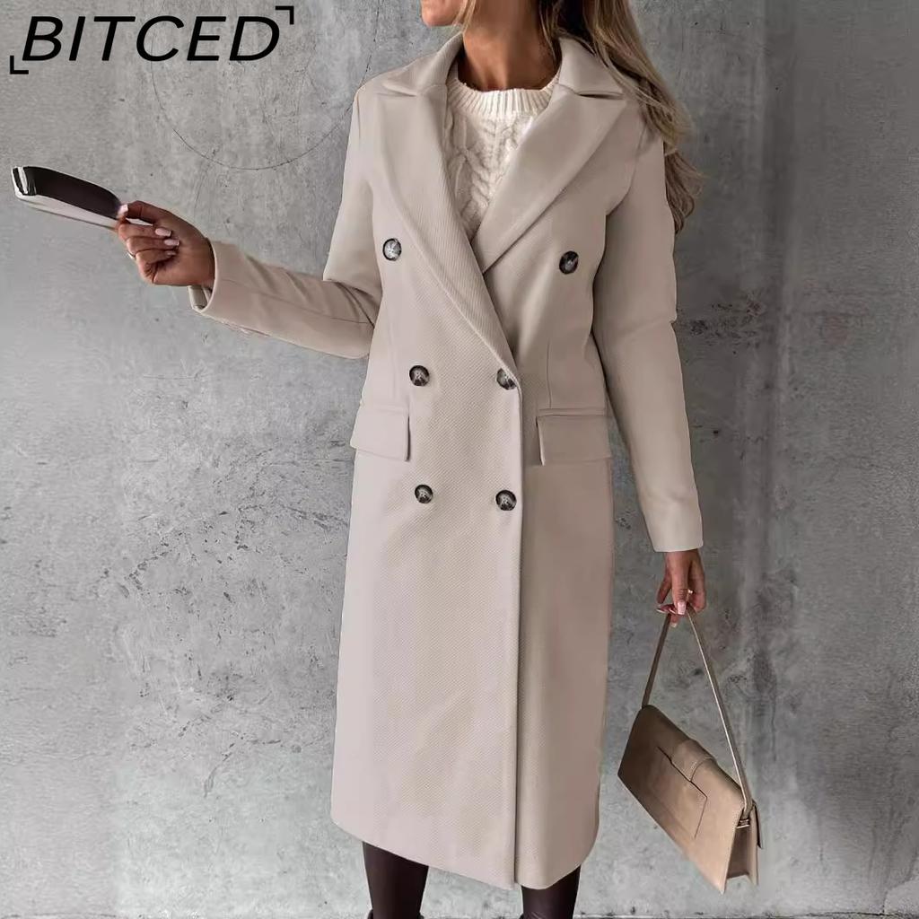 BITCED Women's Spring Coat - Versatile Wool-Blend Trench Coat Solid Colour Long-Sleeved Double-Breasted Style with Slash Pockets