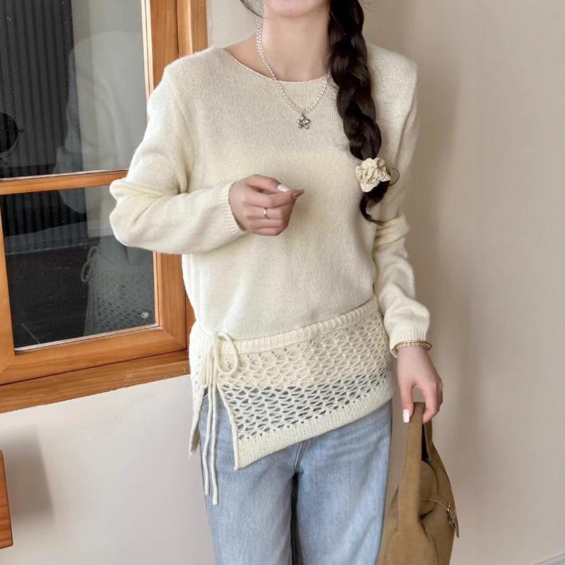 Autumn and Winter New Design Sense Hook Flower Hollow Lace-up Lapel Knitted Sweater Women's Loose Age-reducing Pullover Sweater Tide