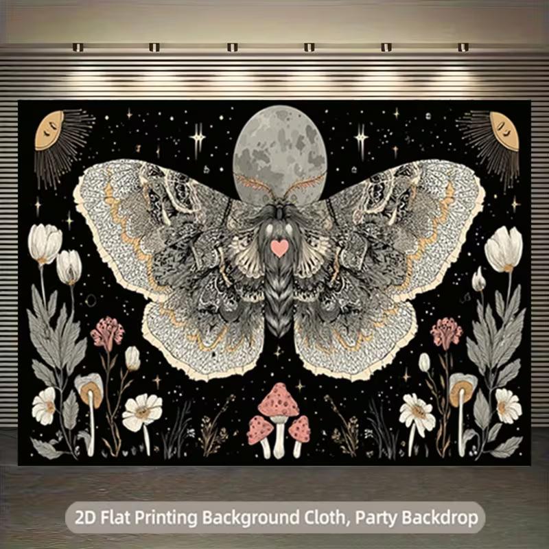 2D Occult Moth Tapestry - Moon Phase, Star & Wildflower Wall Art 47.2x31.5inch/120*80cm