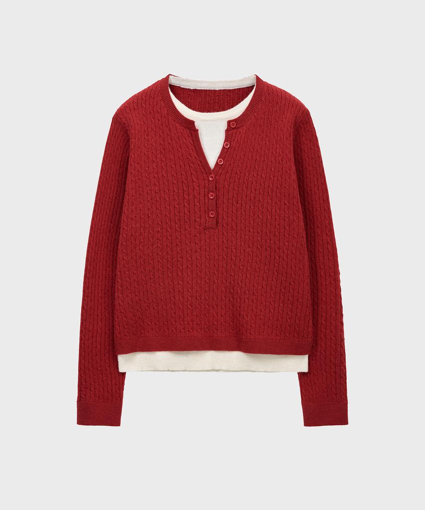NOIRER FOR WOMAN Layered Henley Neck Signature Cable Knit (Red)