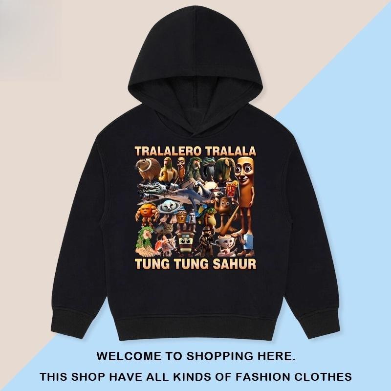 

Fall and Winter Kids New Cartoon Fun Classic of Mountains and Seas Tung Tung Tung Sahur Print Fashion Warm Hooded Sweatshirt 100