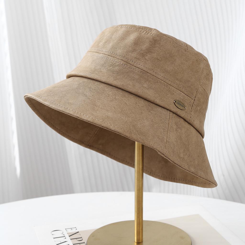Autumn and Winter New Matte Pattern PU Leather Bucket Hat Women's Literary and Fashionable Big Eaves Retro Bucket Hat