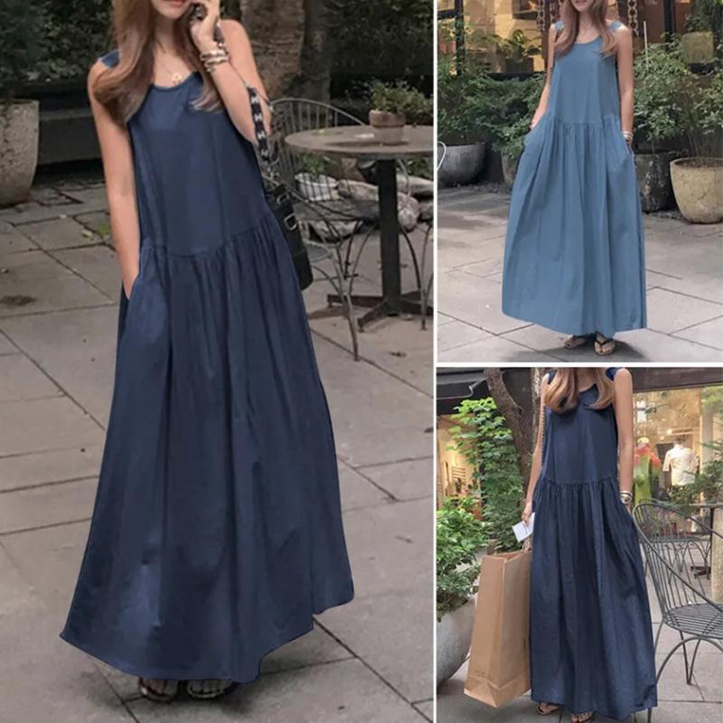 Letní dámské šaty bez rukávů, volné, áčkového střihu, džínově modré, ležérní, s kulatým výstřihem, plisované, na dovolenou, na pláž, ležérní šaty, street wear