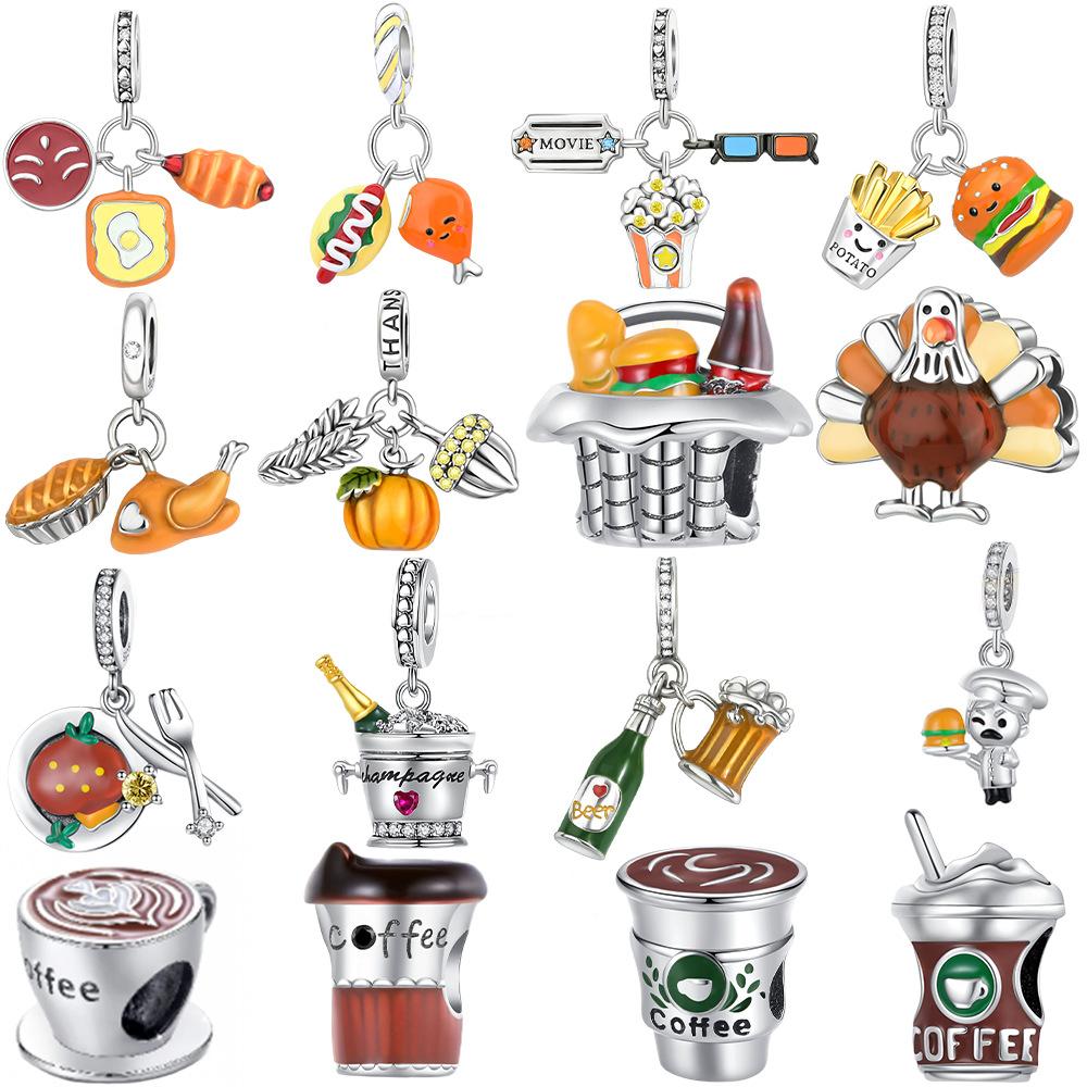 DIY Beaded Bracelet Charms Handmade Food Theme Jewelry With Enamel Hamburger Fries Fried Chicken Beer Pendant