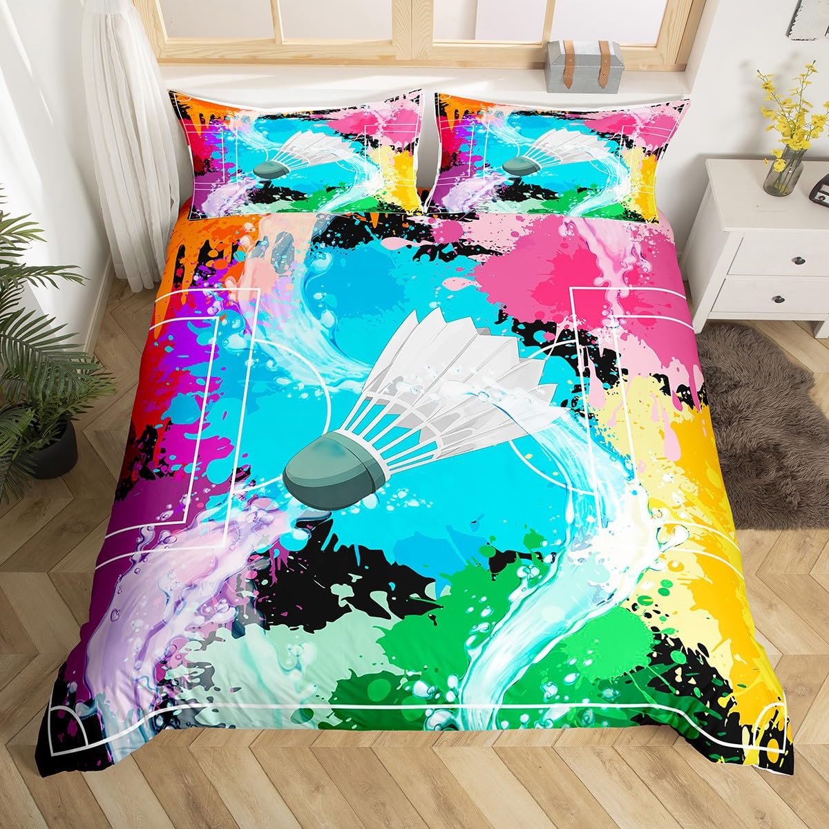 

Badminton Soft Duvet Cover Set Children Kids Badminton Sports Beding Set Young Boys Young Girls Rom Decor Bal Games Patern Black Warm Comforter Cover 100*200cm Single