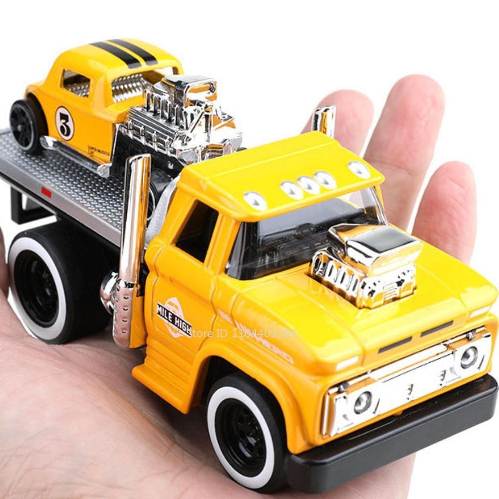 Scale 1:60 American Muscle Trailer Model Toy Car Sound Light Alloy Diecast Pull Back Flatcar Models Birthday Gifts for Kids