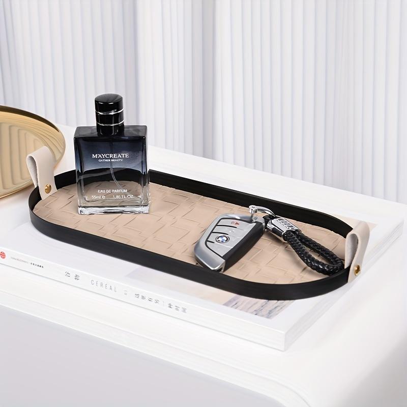 1pc Metal Jewelry Tray with Braided Leather Mat, Rectangular Tabletop Organizer for Skincare, Cosmetics, and Key Storage, Multipurpose Use for Home