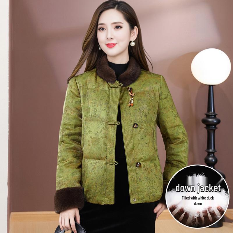 

Mom s Retro Chinese-Style Down Jacket with Fur Collar - Warm Winter Outerwear for Middle-Aged Women 2025 3XL (150-165 jin)