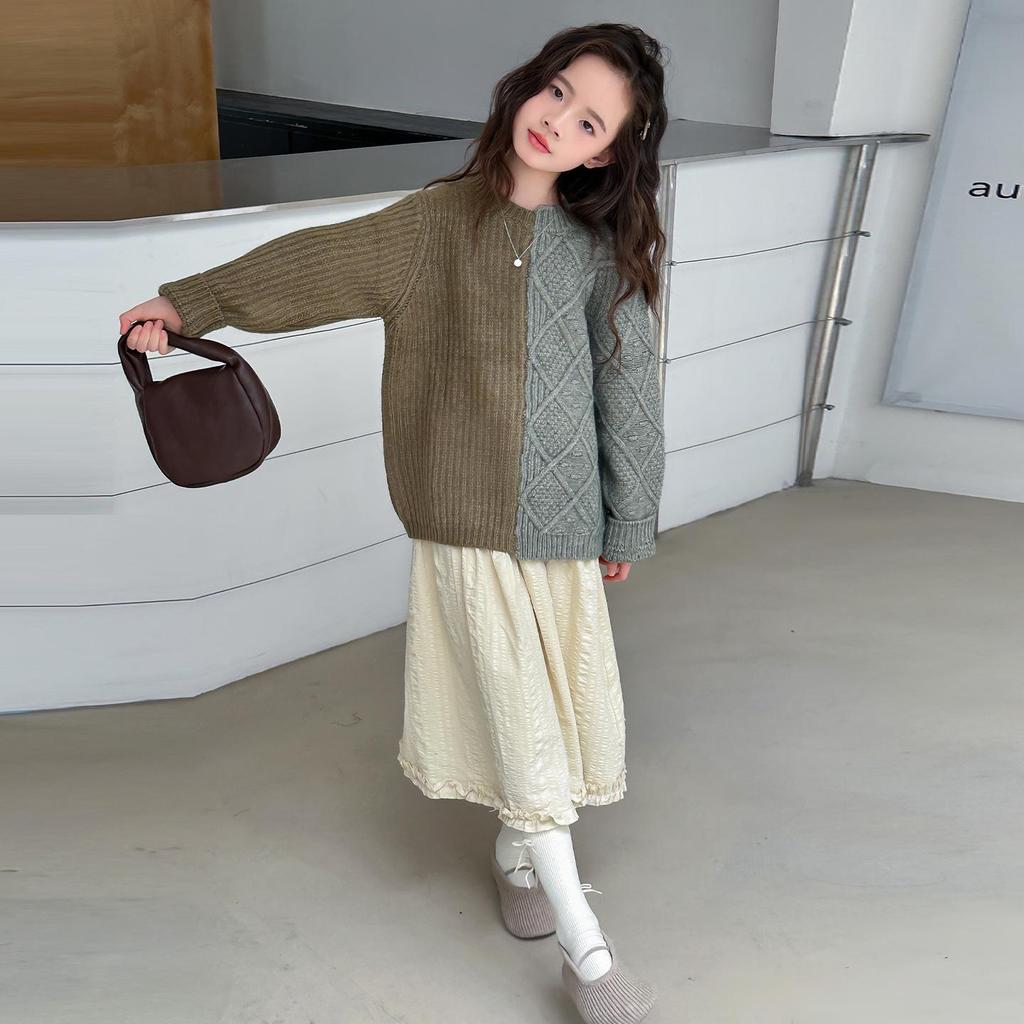 Herbst Winter 2025 Color Block Strickpullover für Mädchen - Trendiges Lazy-Style Oberteil