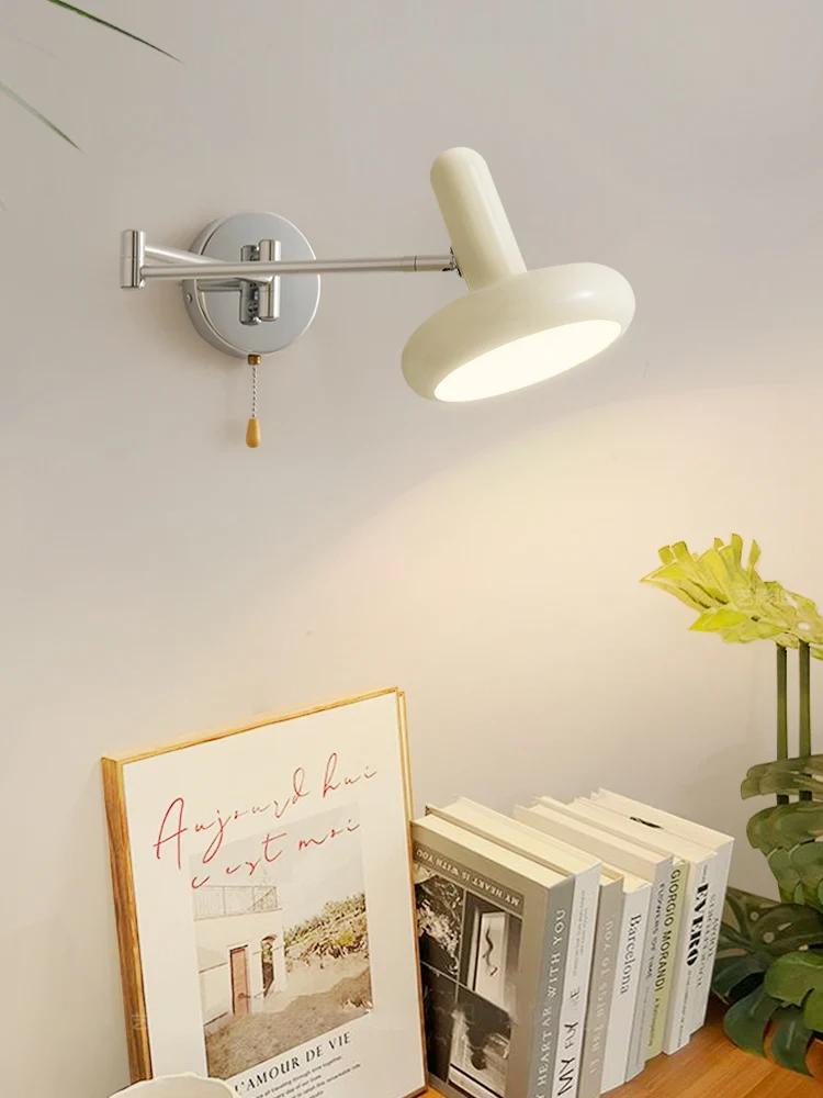 Lampă de perete reglabilă cu braț balansoar alb Bauhaus, dormitor, noptieră, sufragerie, lumini cu LED, aplice de lectură de studiu, retractabilă, cu fir