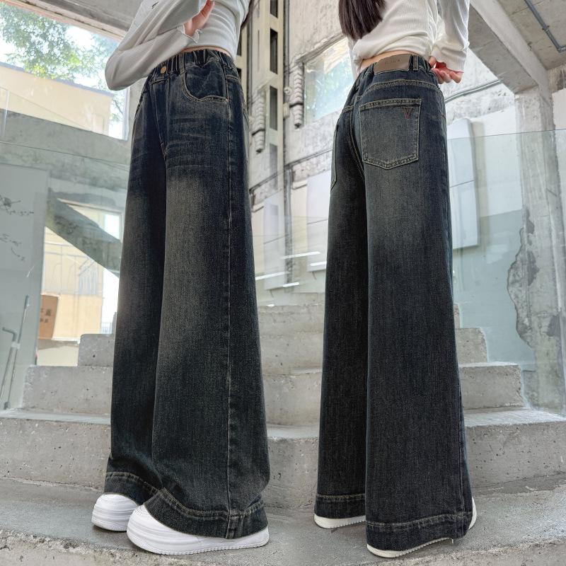 Herbst 2025 Mädchen Modische Bestickte Weitbeinjeans für Große Kinder