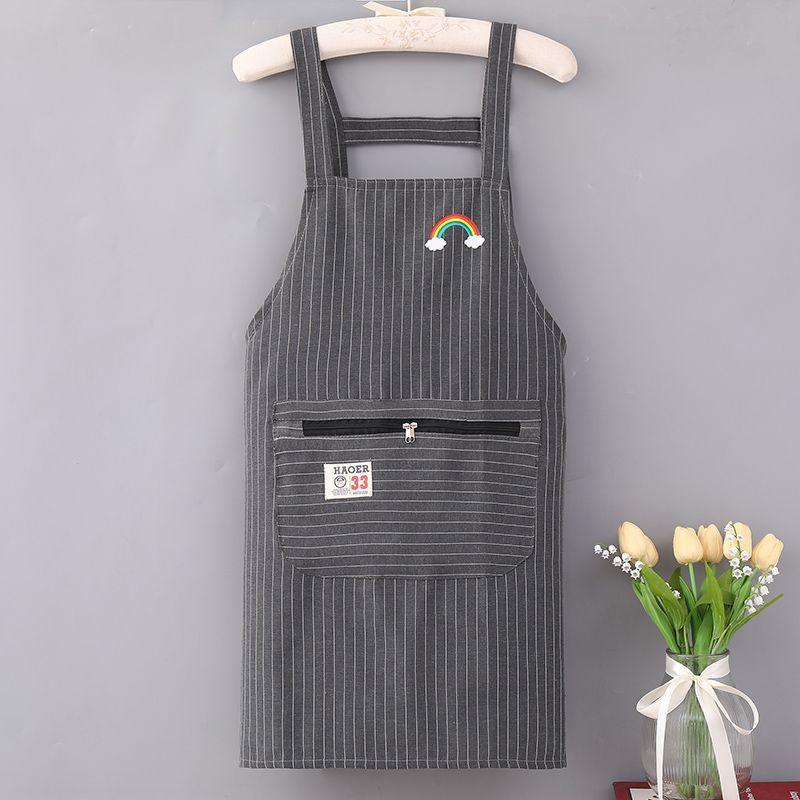 Kitchen Oil Resistant Apron Striped Zippered Linen-Cotton Apron With Straps Breathable Apron Women'S Dirt Resistant Work Clothes