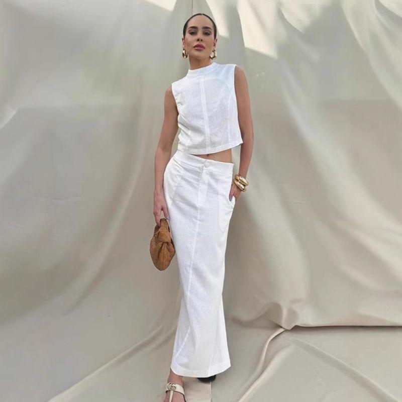 

Spring and Summer New White Sleeveless Stand Collar Top Slit Loose Long dress Two-piece Set Simple Commuting Set Women White L
