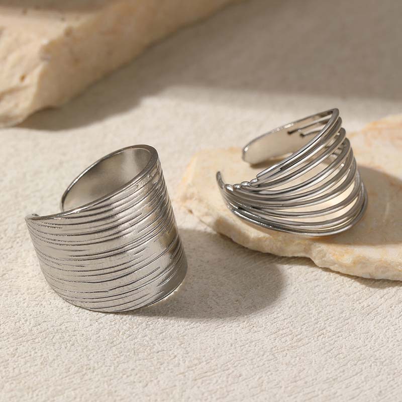 Stainless Steel Metal Hollow Line Texture Open Rings For Women Minimalist Gold Color Irregular Geometric Adjustable Ring Jewelry