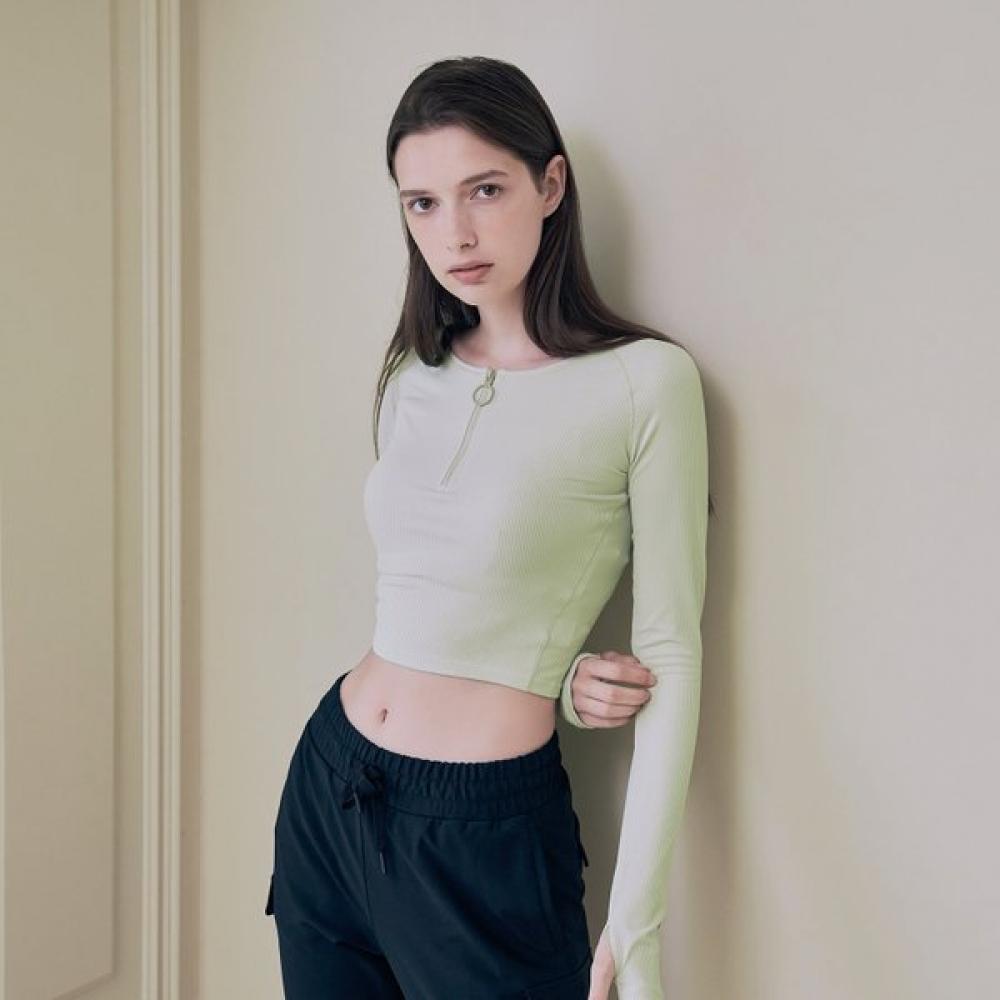 HuiT New Zipper Rib Round Crop Long Sleeve T