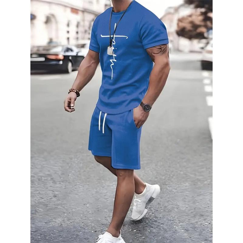 Set de pantaloni scurți tricou pentru bărbați la modă, cu mânecă scurtă cu imprimeu încrucișat, două piese, supradimensionat, pentru sport de plajă în aer liber, costum pentru bărbați de dimensiuni mari