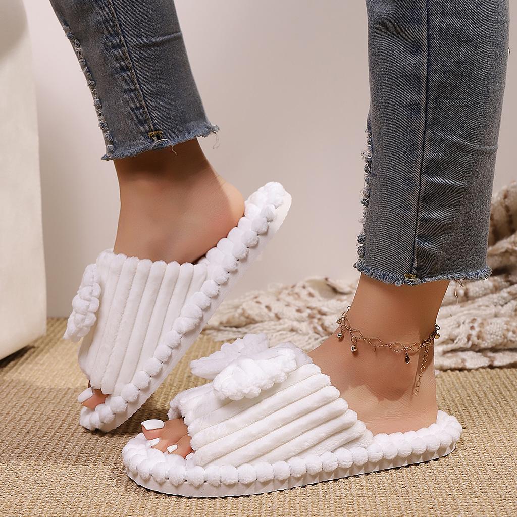 Warme Hausschuhe mit Schleifendekor, lässige Plüschschuhe mit offener Spitze, bequeme Hausschuhe