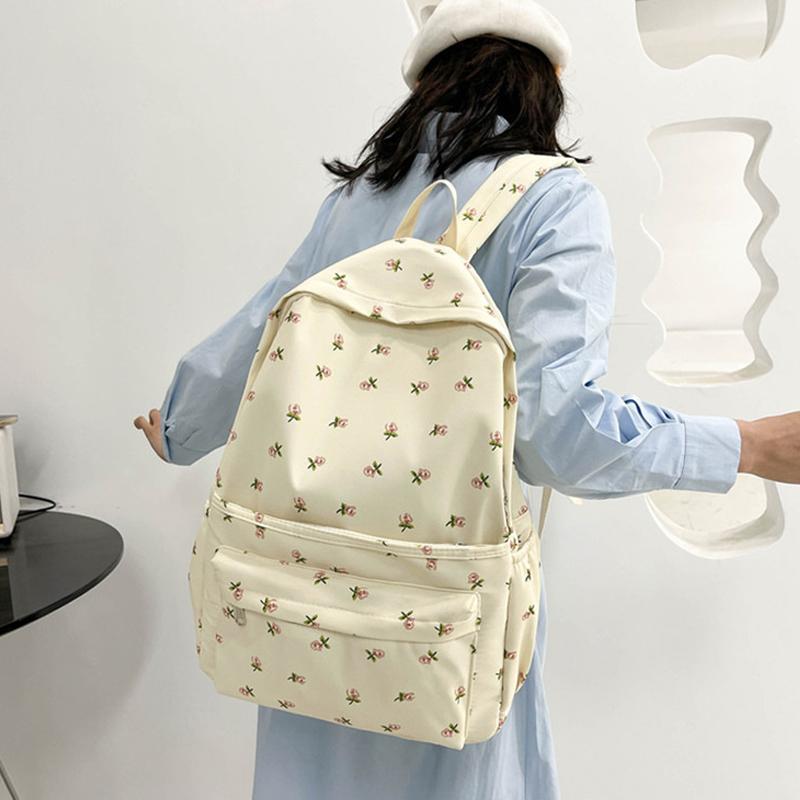 Blomstertrykk Nylon Søt ensfarget ryggsekker for kvinner Mote Årsak All Match Stor kapasitet Vanntett skulderveske Mochila