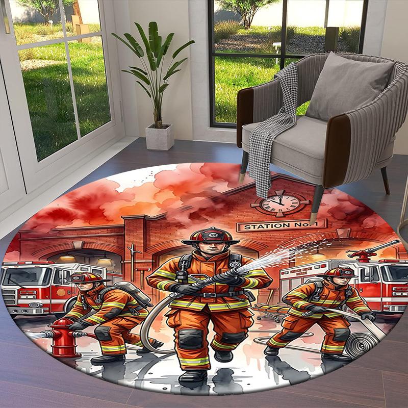 1PC Firefighter Station Non-Slip Floor Round Carpet, Office, Family, Bedroom, Large Area Rug Indoor Rugs, Durable PolyesterH0328