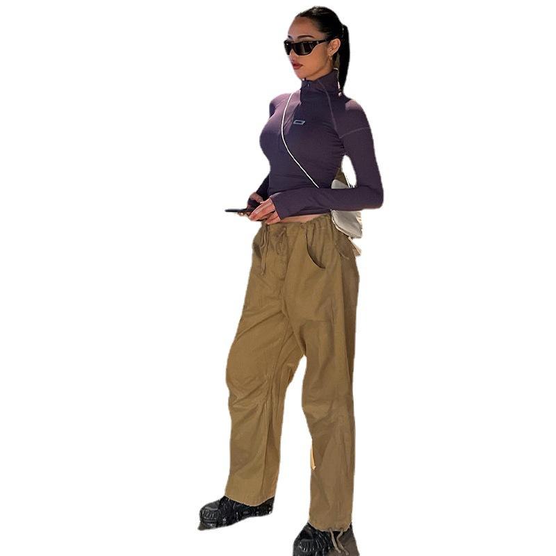 Frühlings- und Herbst-Damenbluse im Spice-Girl-Stil, halbhoher Ausschnitt, schlanker Reißverschluss, kurzes Unterhemd, Langarm-Oberteil