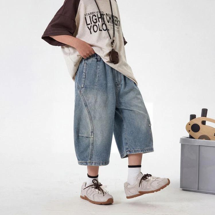 Summer Children Loose Straight Curved Jeans Shorts For Teen Boys Elegant Solid Blue Denim Shorts Kids Capri Pants Age 5-14Y