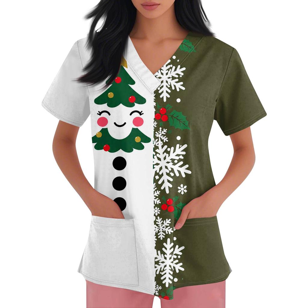 Women's V-Neck Short Sleeve Scrub Top with Christmas Print, Casual Caregiver Uniform
