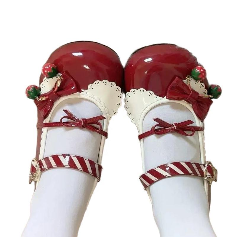 Japanese Strawberry Big Head Shoes Lolita Cute Round Head Low Heel Mary Jane Small Leather Shoes Medium Heel Girl Jk Uniform Shoes