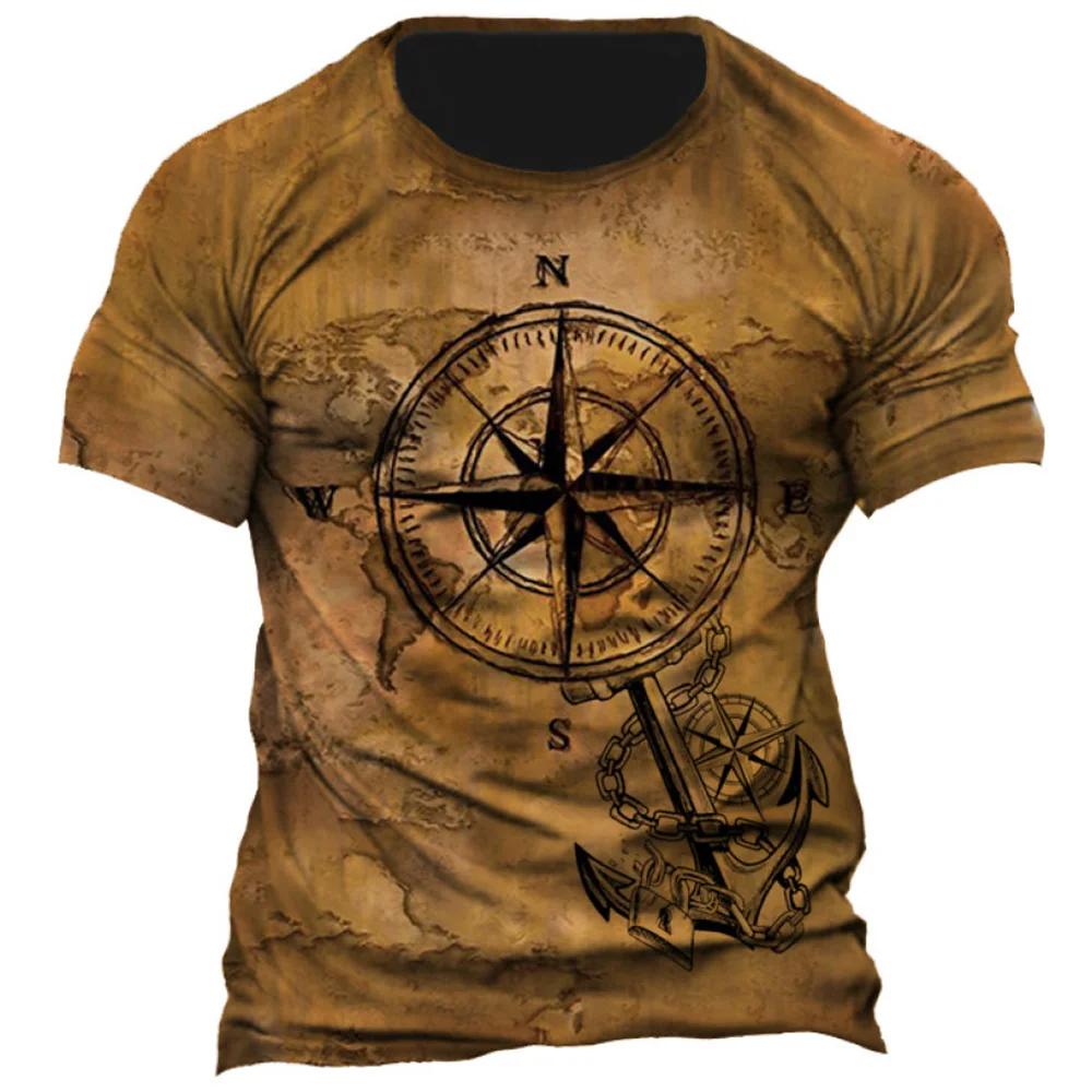 Retro Men's T-shirt, American Summer T-shirt, Compass Printed Short Sleeved T-shirt, Loose Men's Daily Clothing, Casual Streetwear