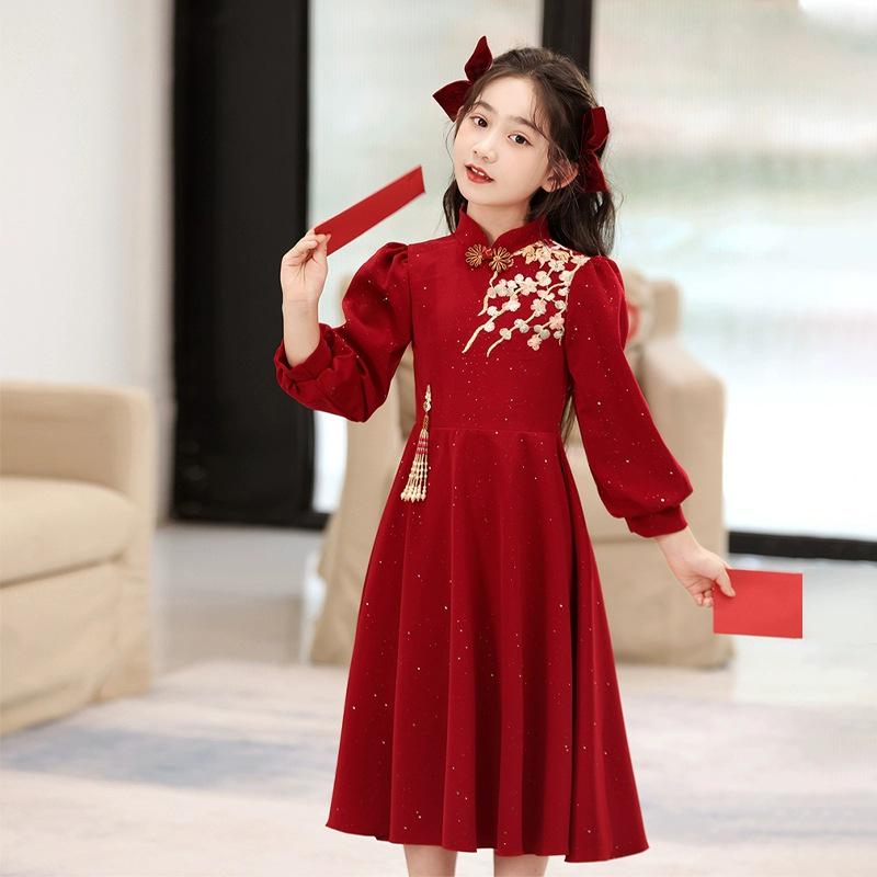 Fashionable Red New Year Princess Dress for Girls, Medium-Large, Autumn/Winter Lady-like Style